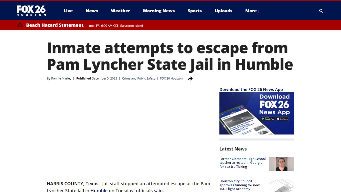 Inmate attempts to escape from Pam Lyncher State Jail in Humble